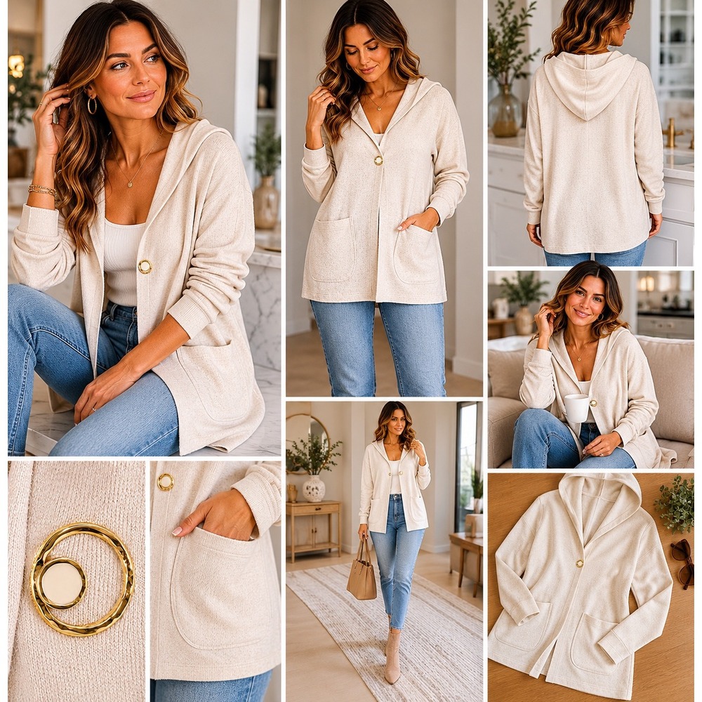 Yolly Italy Hooded Cardigan Womens One Size Beige Gold‎ Ring Button Knit Jacket